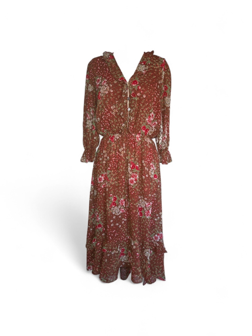 Brown Floral Tiered Maxi Dress with Long Sleeves